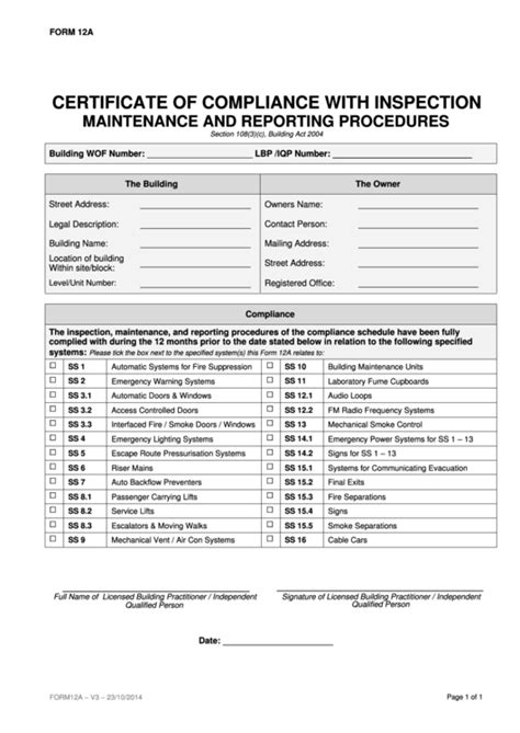 Form 12a - Certificate Of Compliance With Inspection Maintenance And Reporting Procedures ...