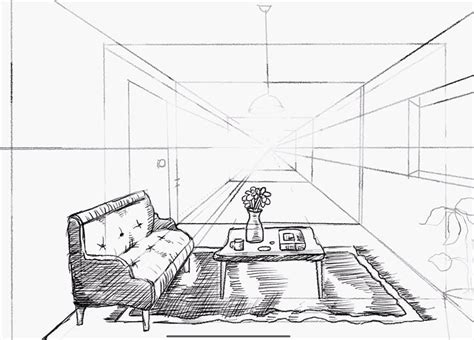 One Point Perspective Drawing Living Room