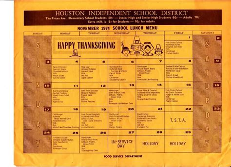 Houston (TX) Independent School District lunch menu (1974) : VintageMenus