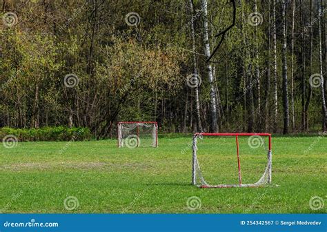 A Small Outdoor Soccer Field with Two Small Futsal Goals on Green Grass ...