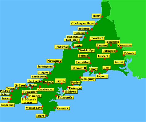 Map of Cornwall with Towns