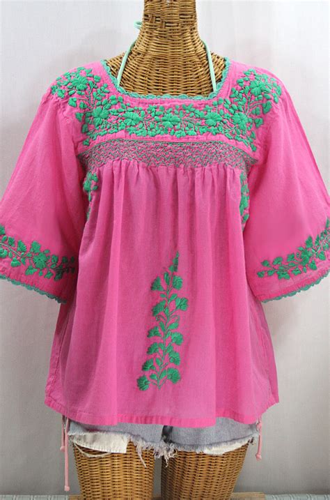 "La Marina" Embroidered Mexican Peasant Blouse -Pink + Mint