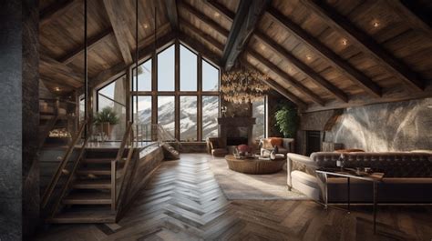 Premium AI Image | A rendering of a ski lodge with a fireplace and a ...