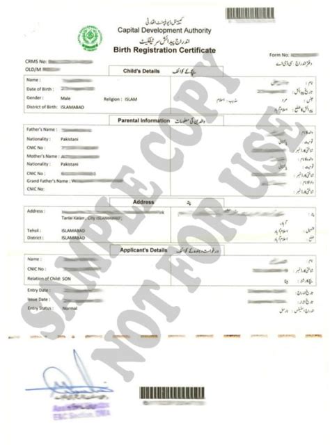 Nadra Birth Certificate Islamabad Sample