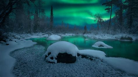 Snow Covered Aurora Borealis River During Nighttime HD Winter ...