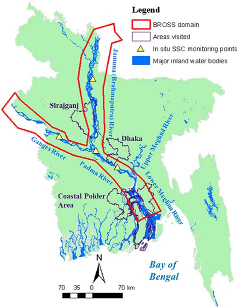 Map of Bangladesh with major rivers, BROSS domain, and sites visited ...