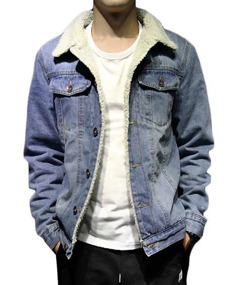 Mens Lambs Wool Lined Denim Jacket Thicken Slim Jean Coat Fleece Lined ...