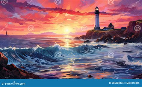 Art and Colorful Landscape with Lighthouse. Stock Illustration ...