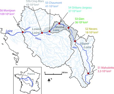 Map of the Loire River basin, with the main tributaries and the... | Download Scientific Diagram