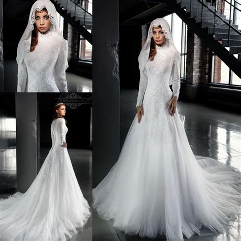 2016 Designer White High Neck Arab Wedding Dresses A Line Long Sleeves Lace Muslim Hijab Wedding ...