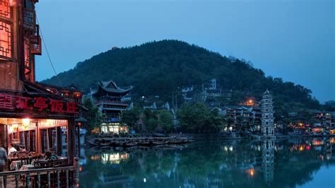 china, House, Buildings, Hills, Trees, Lake, Water, Night, Sunset ...