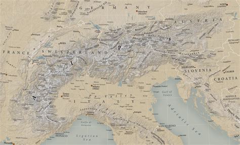 Alps Map - A relief map of the Alps mountain range, focusing on the region's topography ...