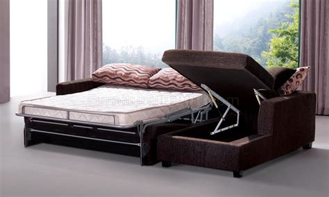 Brown Fabric Modern Sectional Sofa w/Sleeper & Storage Chaise