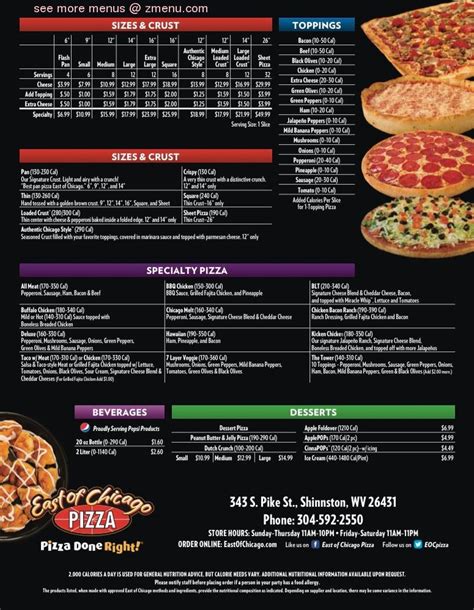 Menu at East of Chicago Pizza of Shinnston restaurant, Shinnston