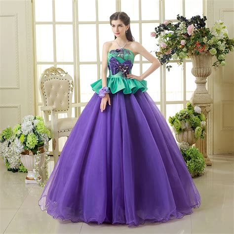 Green Purple Color Ruched Tulle Wedding Dress Strapless Theme Photography Off Shoulder Sexy ...