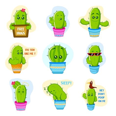 Premium Vector | Illustration Of Cute Cactus Sticker Set