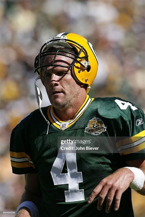 Closeup of Green Bay Packers QB Brett Favre on sidelines during game ...