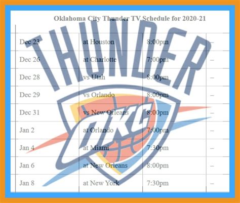 Printable Oklahoma City Thunder schedule (and TV schedule) for 2020-21 season - Interbasket