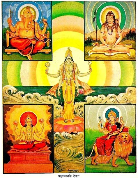 Panch Devta - Vishnu, Shiva, Ganesha, Shakti and Surya Hindu print ...