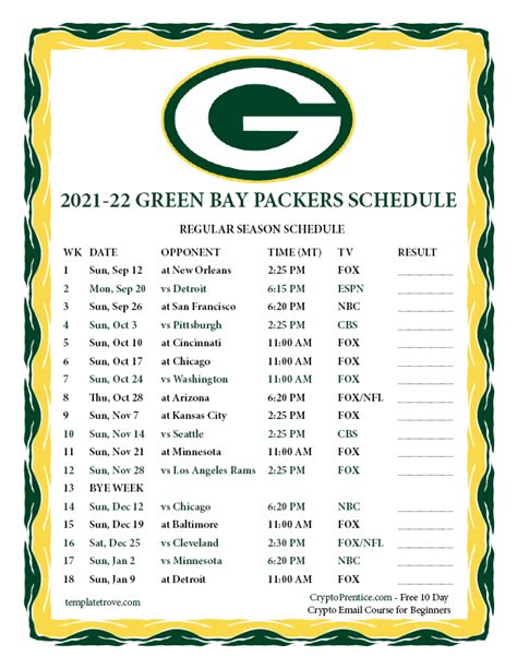 Printable 2021-2022 Green Bay Packers Schedule