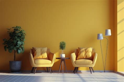 Premium Photo | 3d render of minimalist living room with yellow walls and a yellow chair with a ...