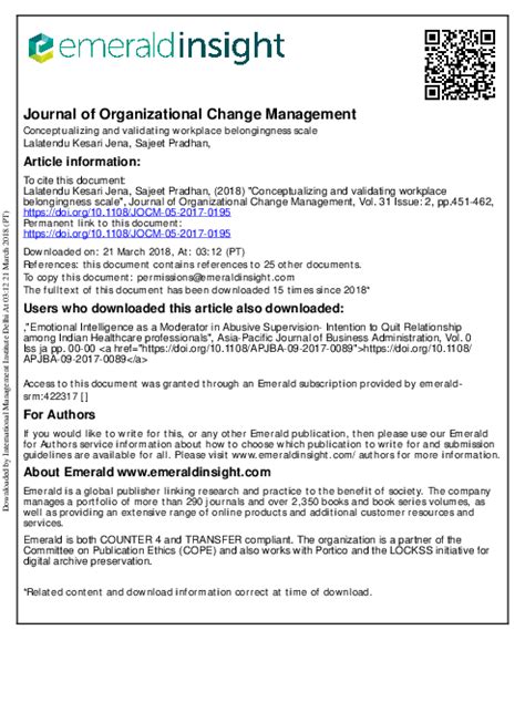 (PDF) Conceptualizing and Validating Workplace Belongingness Scale. | sajeet pradhan - Academia.edu