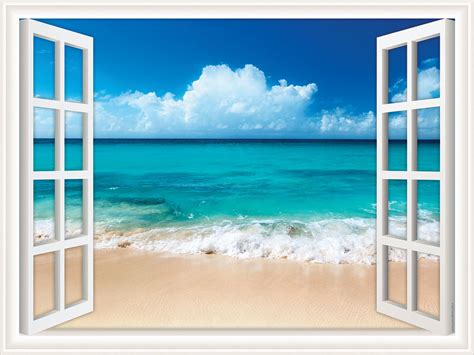 Window Views Ocean Beach with Fluffy Clouds in Sky - Walls 360