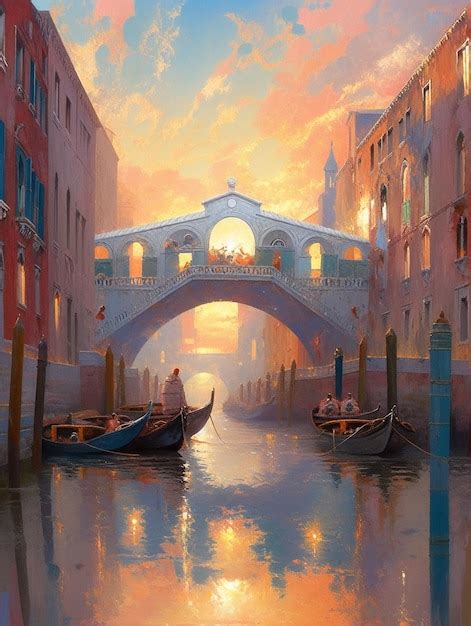 Premium AI Image | A painting of a bridge with a boat in it