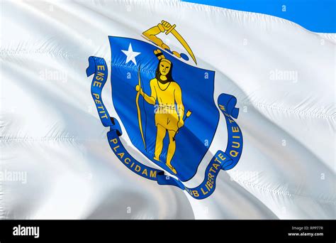 Massachusetts flag. 3D Waving USA state flag design. The national US symbol of Massachusetts ...