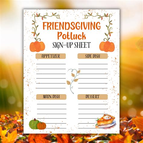 Friendsgiving Potluck Sign up Sheet, Friendsgiving Menu, Potluck Sign up Form, Friendsgiving ...