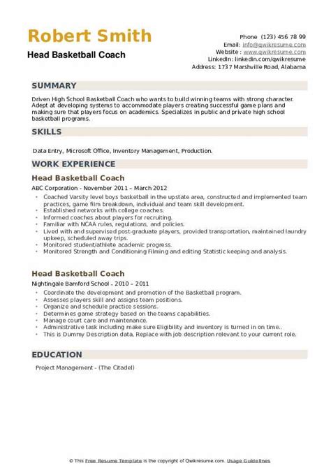 Head Basketball Coach Resume Samples | QwikResume