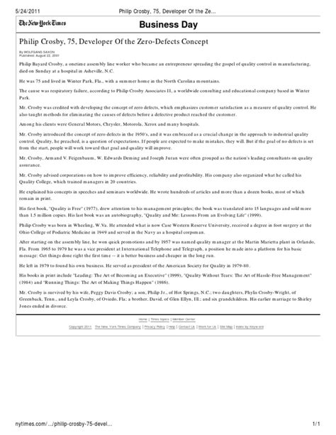 Philip Crosby, 75, Developer of the Zero-Defects Concept - New York Times | Business | Economies