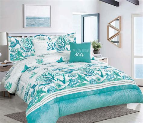 Aubrie Home Accents Salt & Sea Full/Queen Oversized 5-Piece Coastal Seashell Comforter Bedding ...