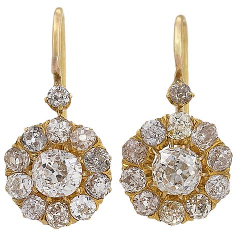 Antique Old Mine-Cut Diamond Gold Cluster Earrings at 1stDibs