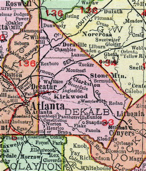 DeKalb County, Georgia, 1911, Map, Rand McNally, Decatur, Dunwoody ...