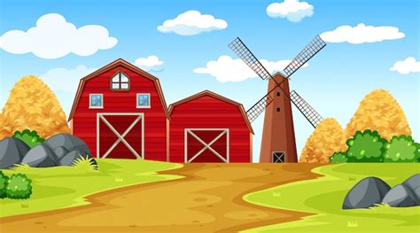 Free Vector | Farm scene with barn, hay, park and windmill