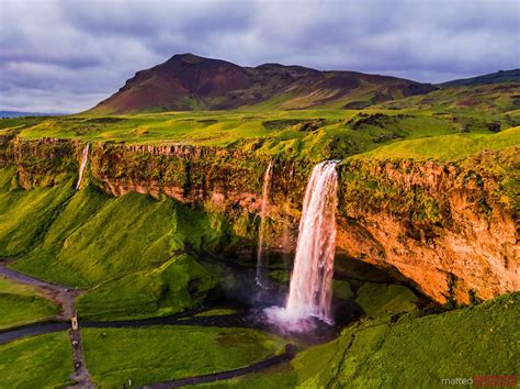 - Aerial panoramic view of Seljalandsfoss waterfall at sunset, Iceland ...