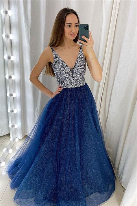 Glitter V Neck Navy Blue Long Prom Dress with Sequins | Prom dresses ...