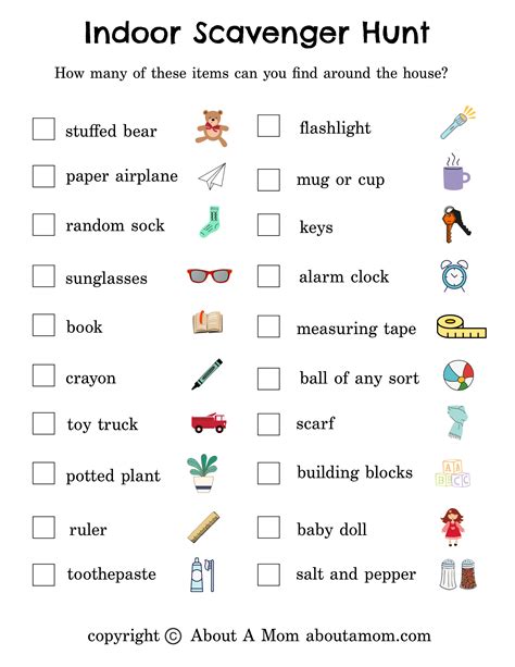 Free Indoor Scavenger Hunt Printable - About a Mom | Indoor activities for kids, Scavenger hunt ...