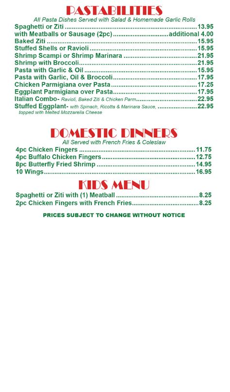 Danny's Pizza Pizzazz Franklinville NJ · Dinners Menu