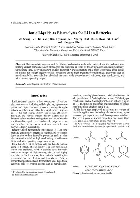 (PDF) Ionic liquids as electrolytes for Li ion batteries