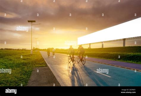 Sports man ride bicycles on the road in the evening near blank advertising billboard with sunset ...