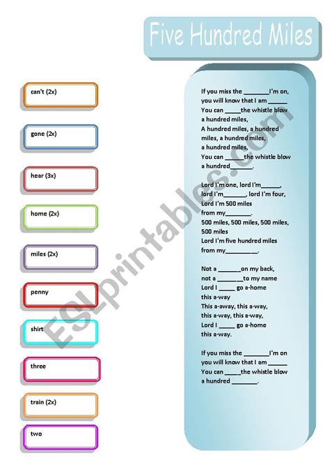 Song Five Hundred Miles - ESL worksheet by LenkaW