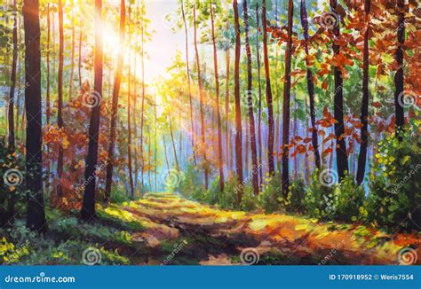 Autumn Oil Painting. Autumn Forest with Sunlight. Path in Forest through Trees with Vivid ...