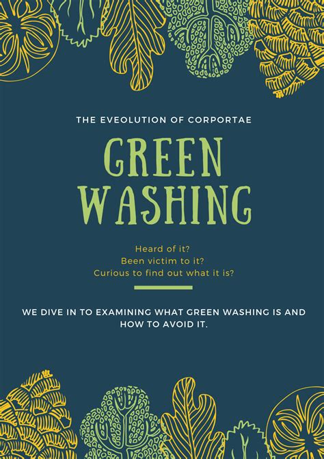 the green washing poster is shown in blue and yellow, with an image of leaves on it