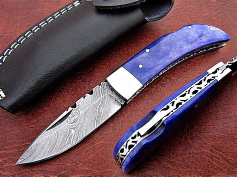 Custom Handmade Damascus Folding Knife Steel Bolster Color Bone Handle - Damascus Outlet