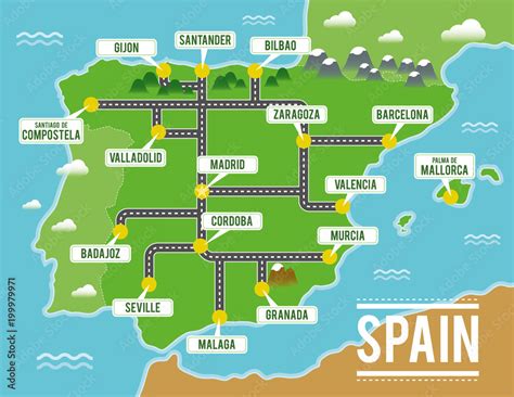 Cartoon vector map of Spain. Travel illustration with spanish main ...