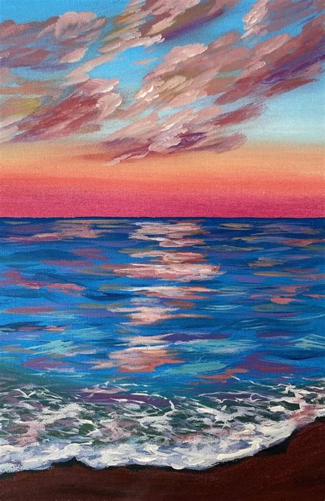 Pink Sunset Ocean Colorful View Small Painting Acrylic Canvas Painting by Elena Tuncer | Saatchi Art