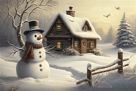 Snowy countryside day scene with wooden cottage and snowman at front 22506691 Stock Photo at ...