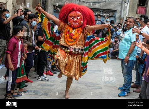 Kathmandu, Nepal - September 2021: The Majipa Lakhey, translated to Manjusri city demon, begins ...